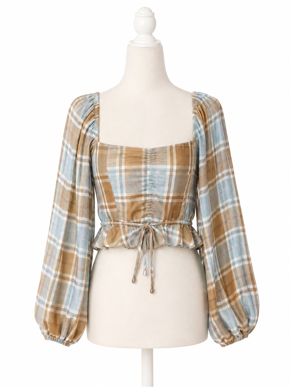 Show Me Your Mumu Jenna Plaid Crop Top Small Blue Tan Puff Sleeve Tie Front USA